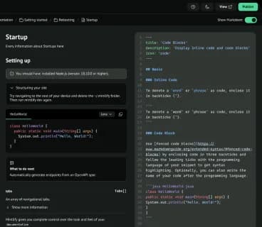 The Mintlify editor, showing a code block being inserted into a doc