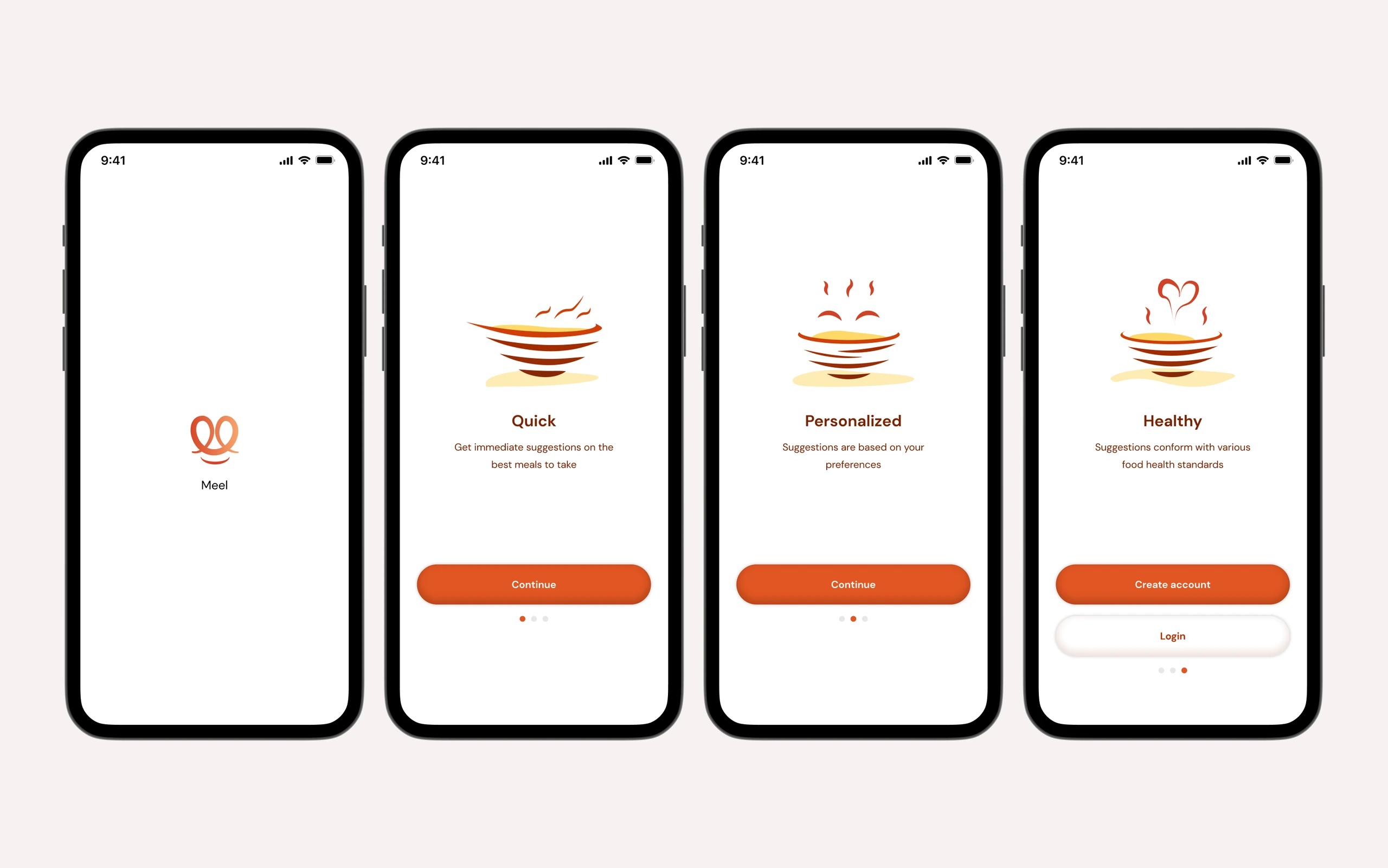 Four Meel screens in a row: the splash, and the Quick, Personalized and Healthy onboarding slides