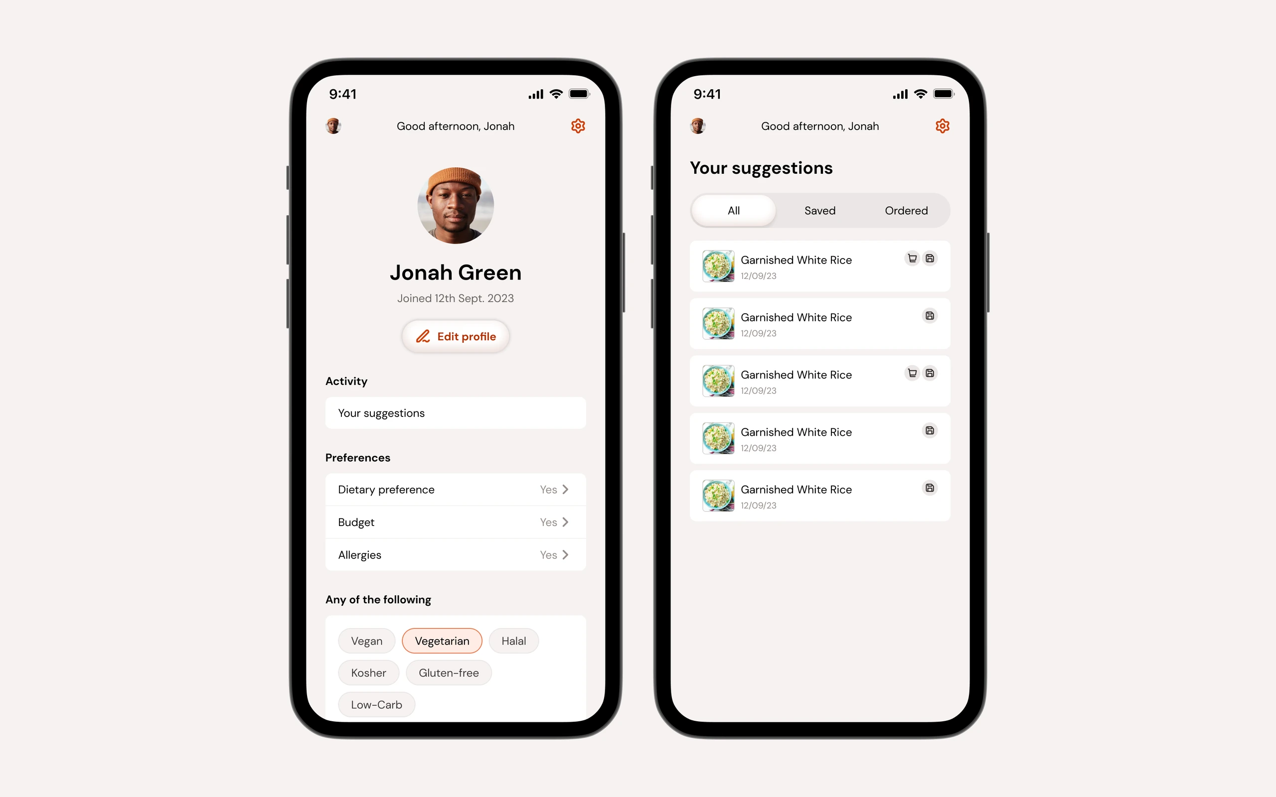 Jonah's profile screen, with his activity and saved preferences