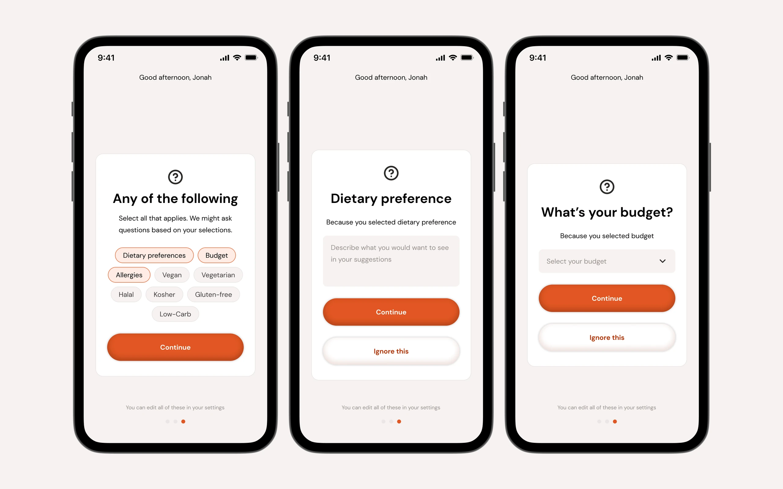 The preference questions asked before the first suggestion