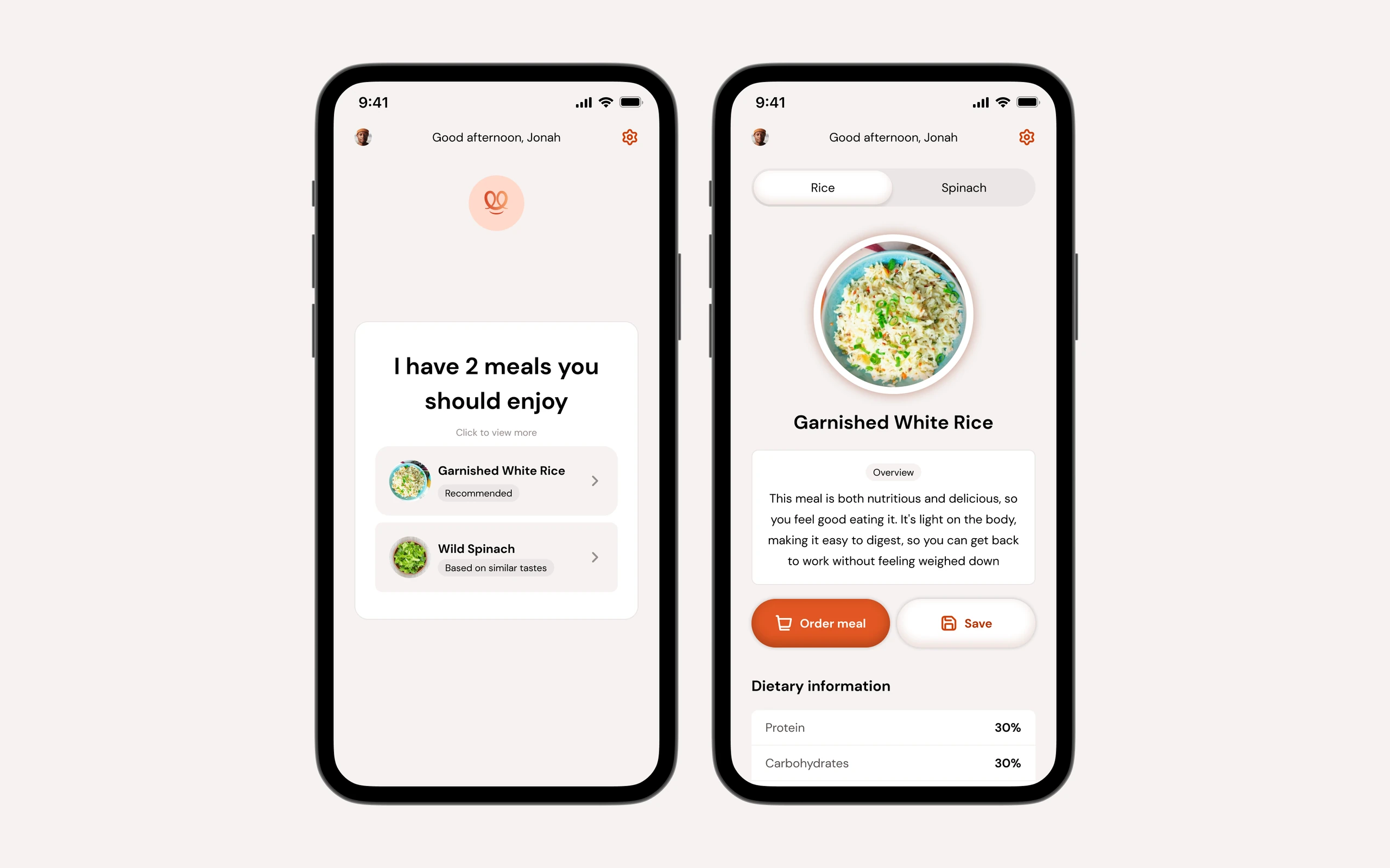 The two suggested meals, and opening one to read why it was picked