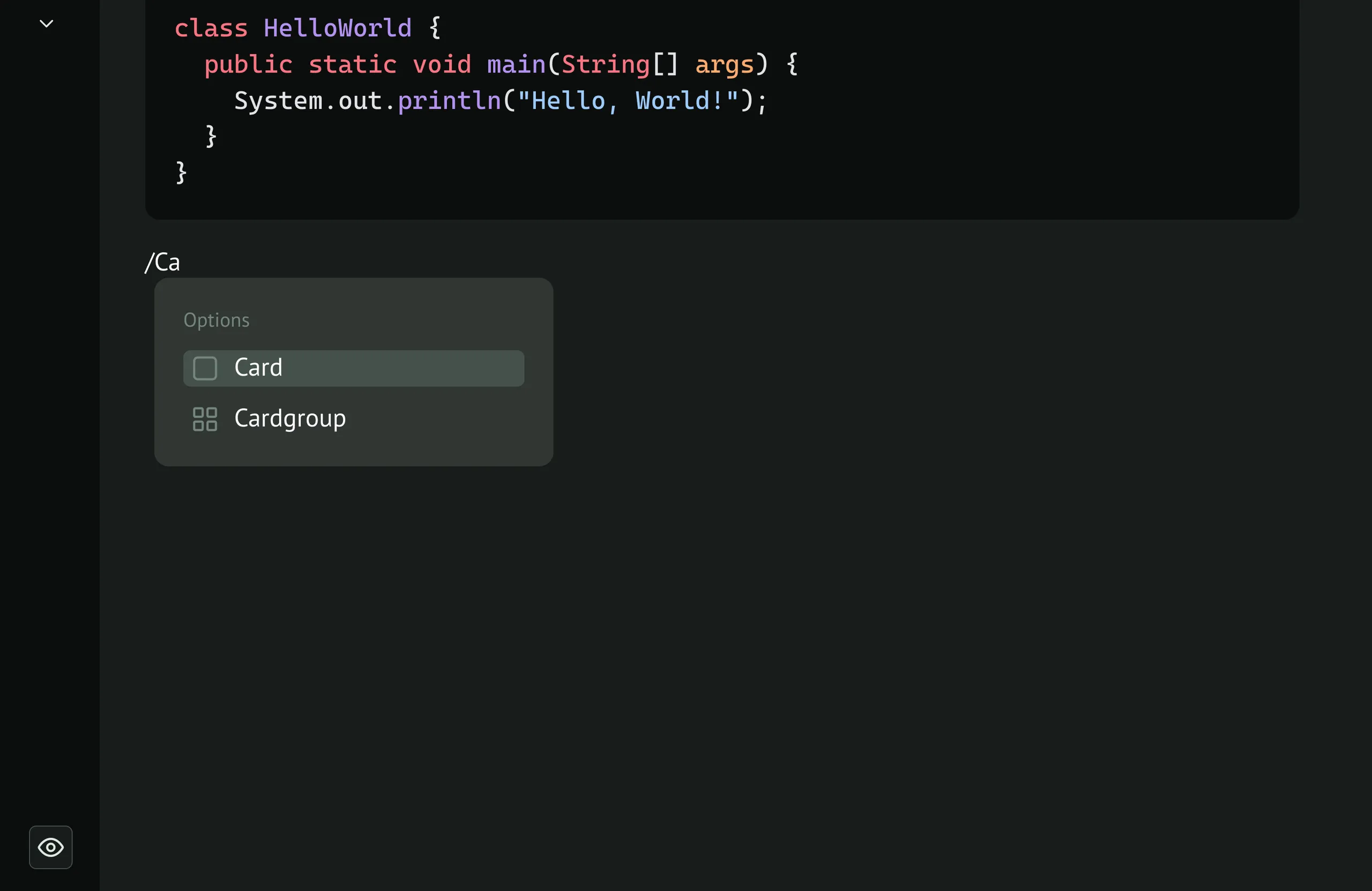 “/Ca” typed below the code block, with the command menu offering Card and Cardgroup
