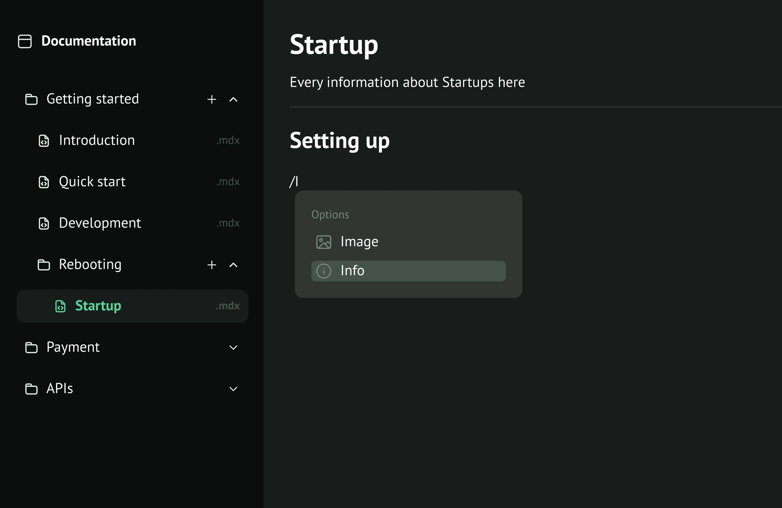 “/I” typed under the Setting up heading, with the command menu narrowed to Image and Info, and Info highlighted