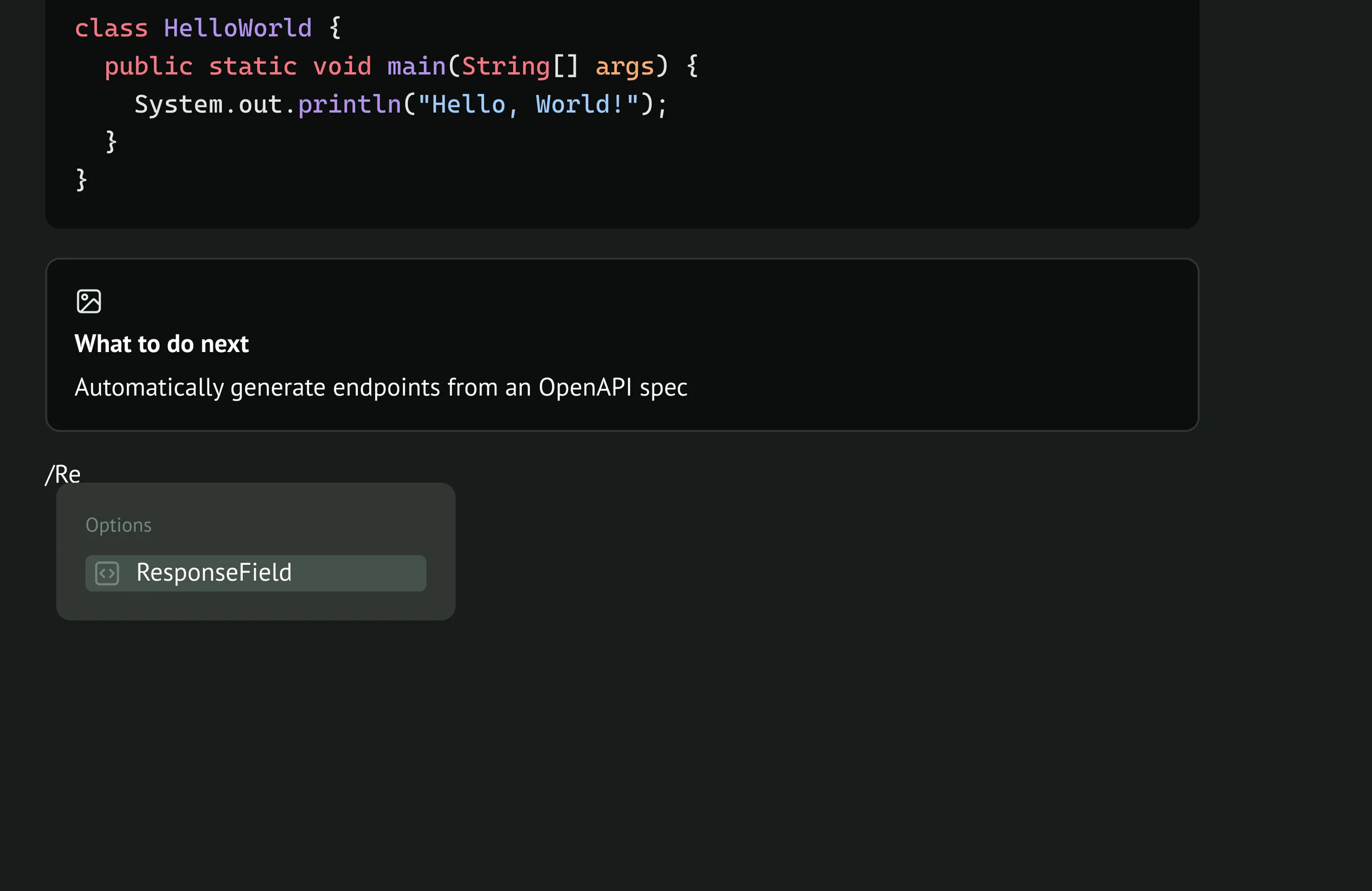 “/Re” typed below the card, with the command menu narrowed to a single ResponseField option