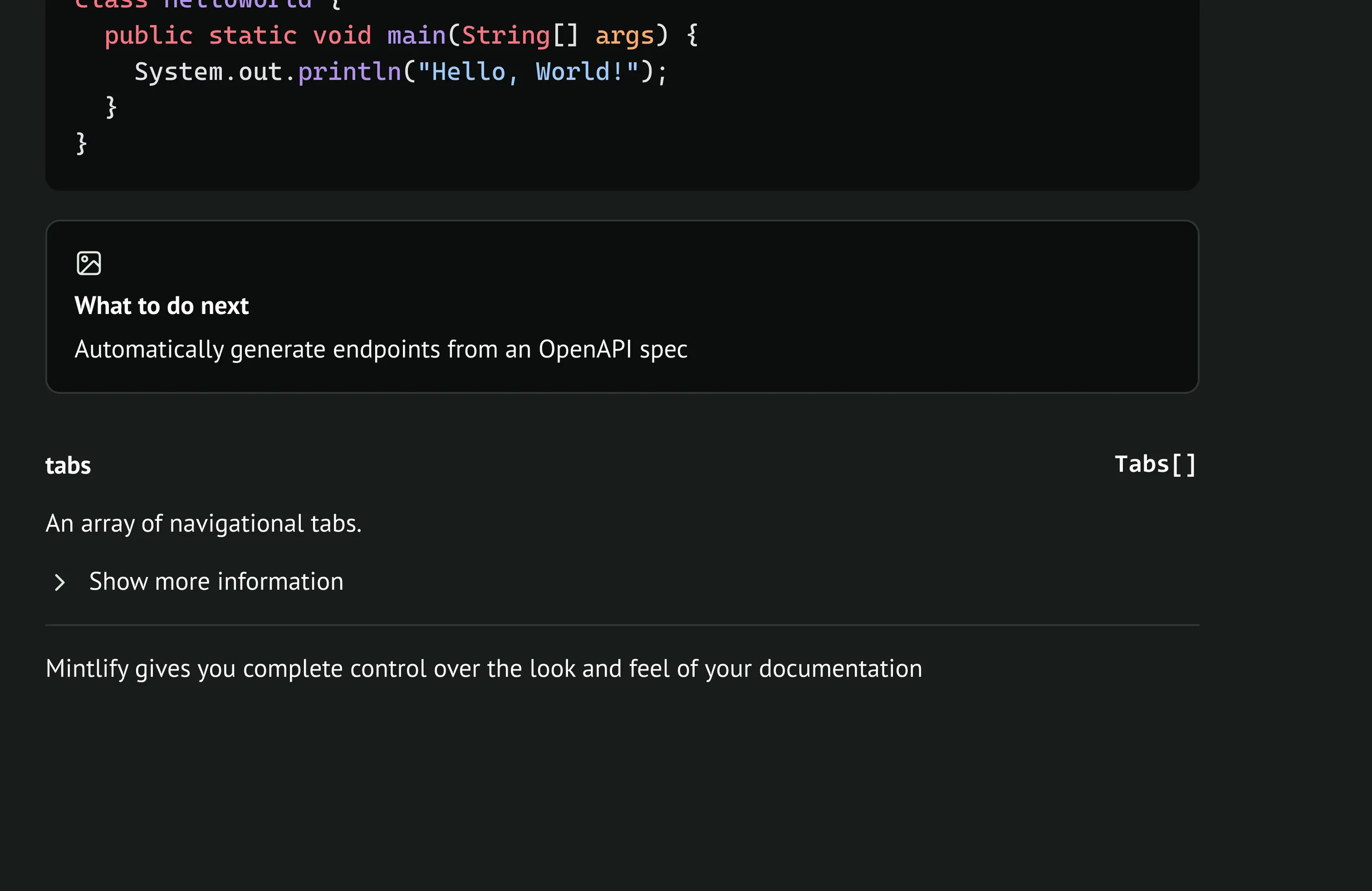 A plain sentence on the canvas: “Mintlify gives you complete control over the look and feel of your documentation”