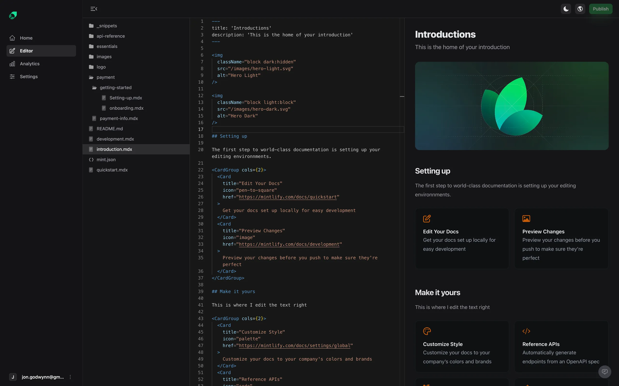 Mintlify’s editor as it was: a flat list of files on the left, raw .mdx source in the middle, and the rendered page previewed on the right