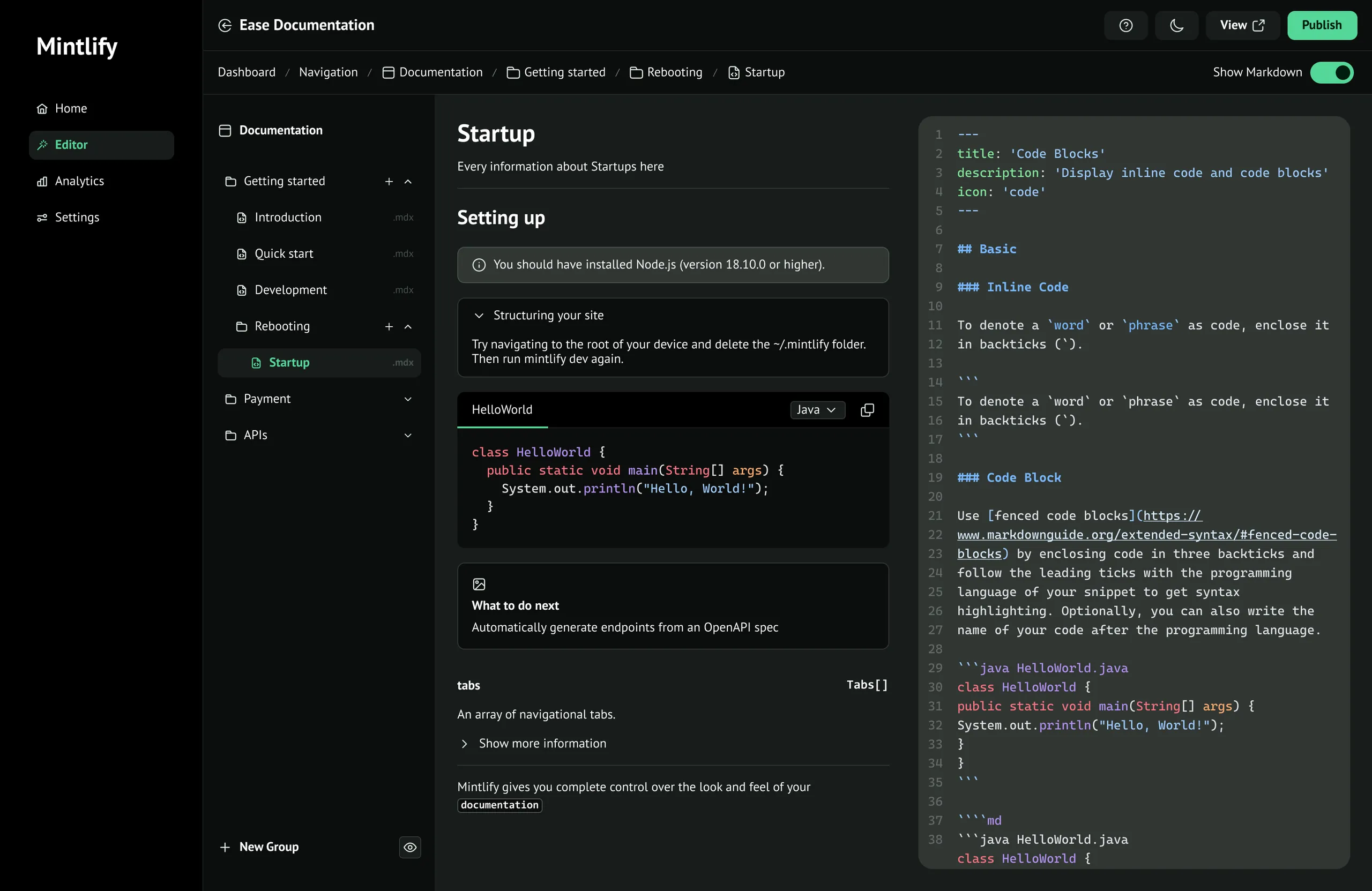The redesigned editor: a breadcrumb trail across the top, a visual file tree on the left, the Startup page laid out on a canvas in the middle, and its Markdown source on the right