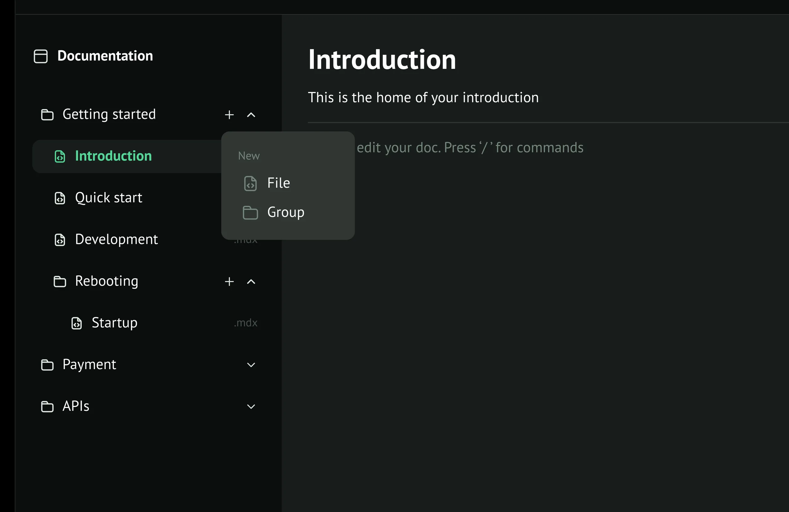 The plus button beside Getting started, opening a New menu that offers File or Group