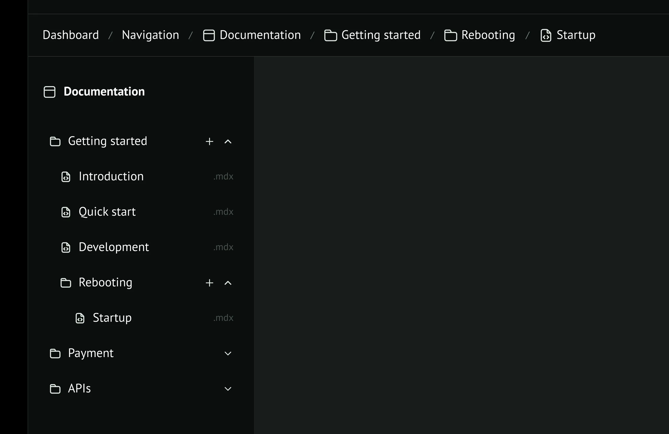 The breadcrumb trail, reading Dashboard, Navigation, Documentation, Getting started, Rebooting, Startup, above a sidebar where Startup sits indented three levels deep under Getting started
