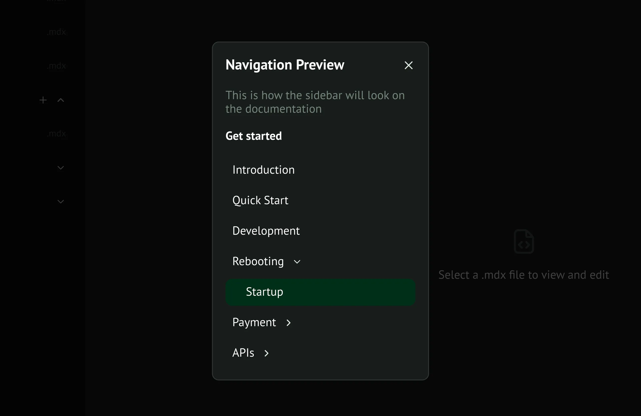 A Navigation Preview panel over the editor, showing the published sidebar: Get started, Introduction, Quick Start, Development, Rebooting with Startup highlighted, then Payment and APIs