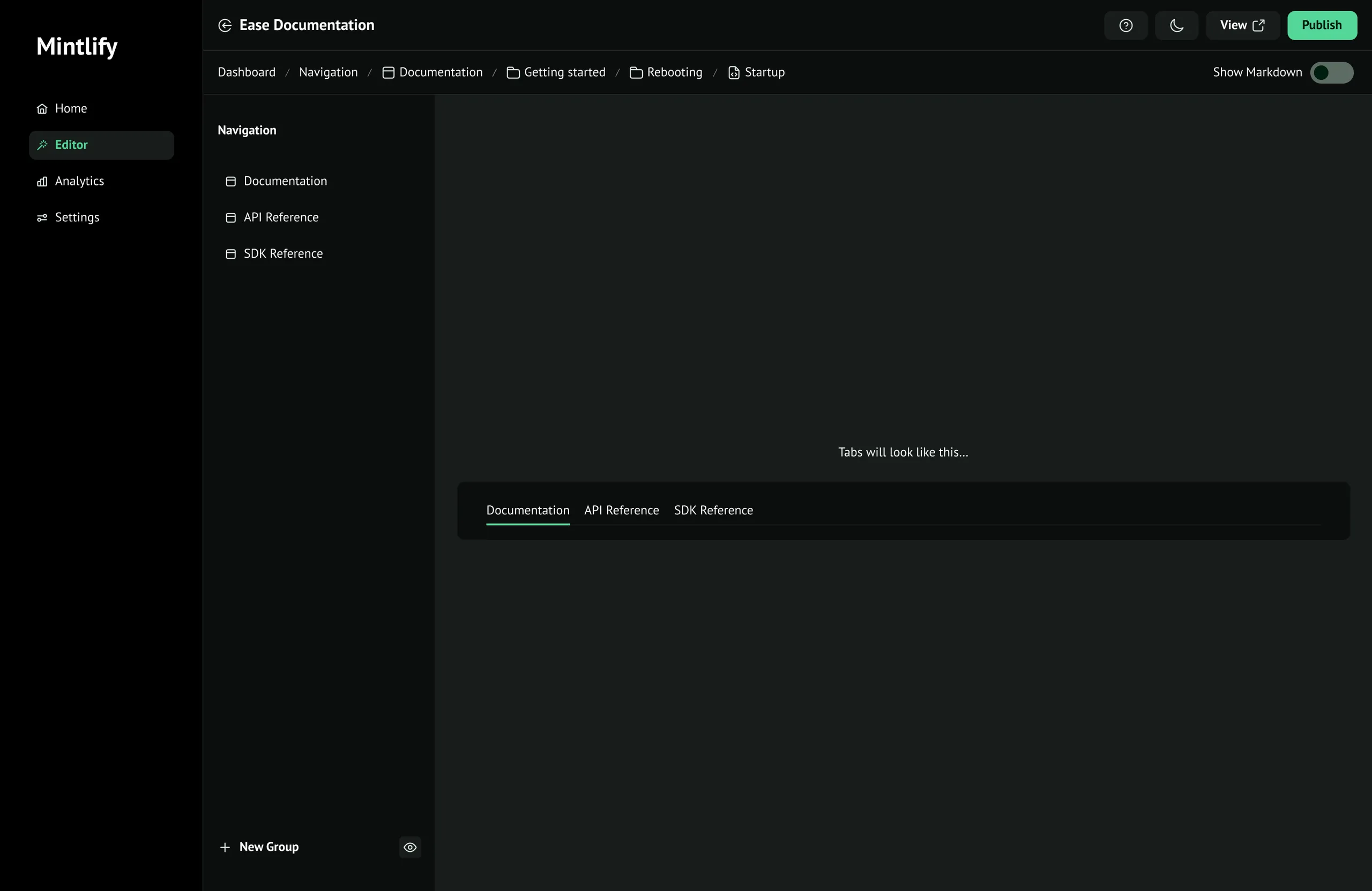 The Navigation tab section, with a preview reading “Tabs will look like this…” above a Documentation, API Reference and SDK Reference tab bar
