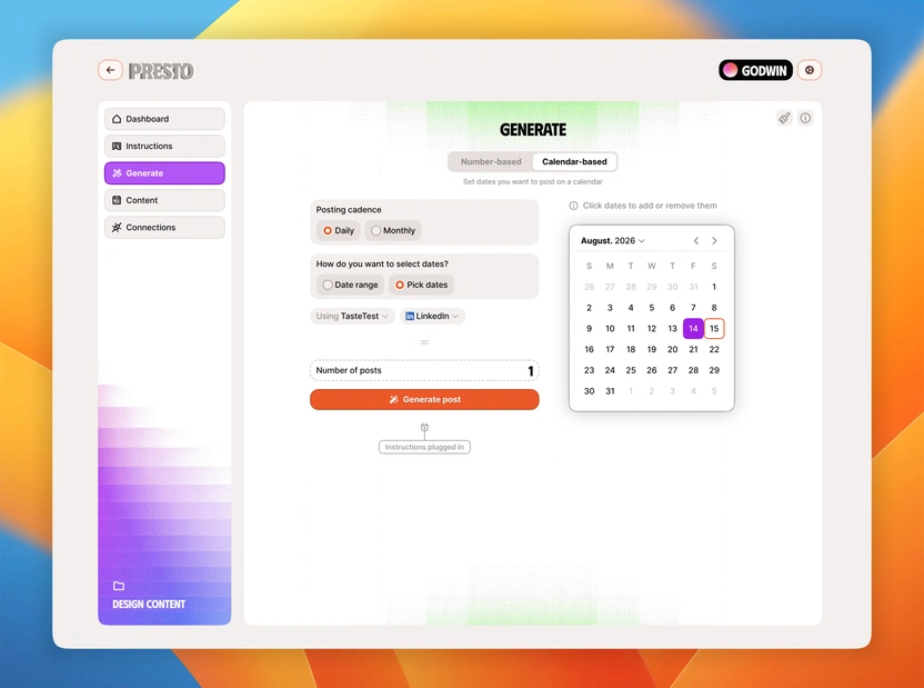 Presto’s Generate screen: a posting cadence and a date picker on the left, a calendar for August on the right, and a Generate post button between them