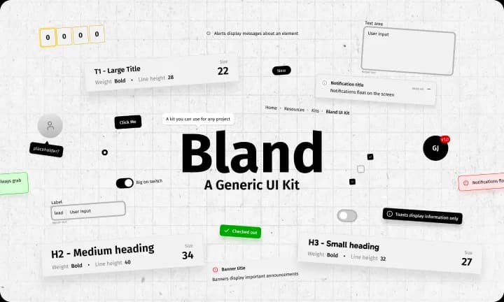 The Bland UI Kit cover. The wordmark “Bland” sits above “A Generic UI Kit” on a grid, ringed by specimens of the kit: title and heading styles labelled with their weight, size and line height, an OTP field, a toggle, a text area, a breadcrumb, badges, an avatar, and toast and notification cards