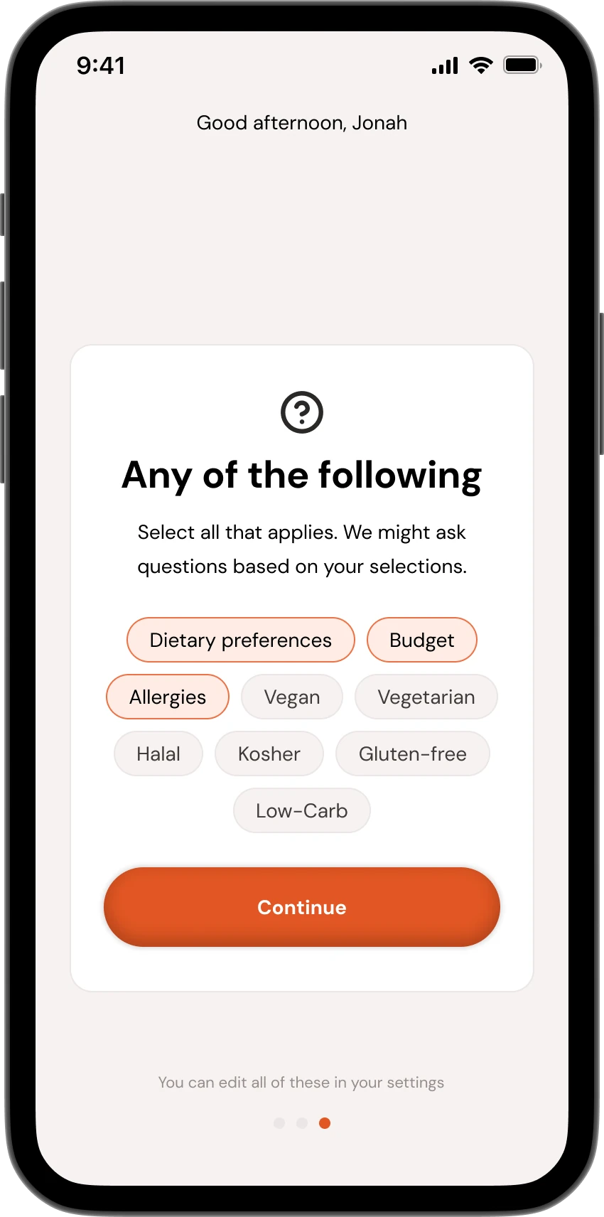 The dietary preference picker — vegan, vegetarian, halal, kosher, gluten-free, low-carb