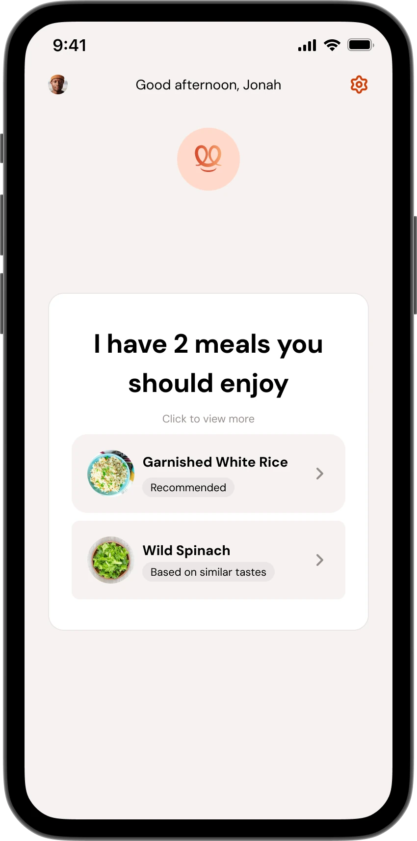 Two suggested meals, Garnished White Rice and Wild Spinach, each with why it was picked