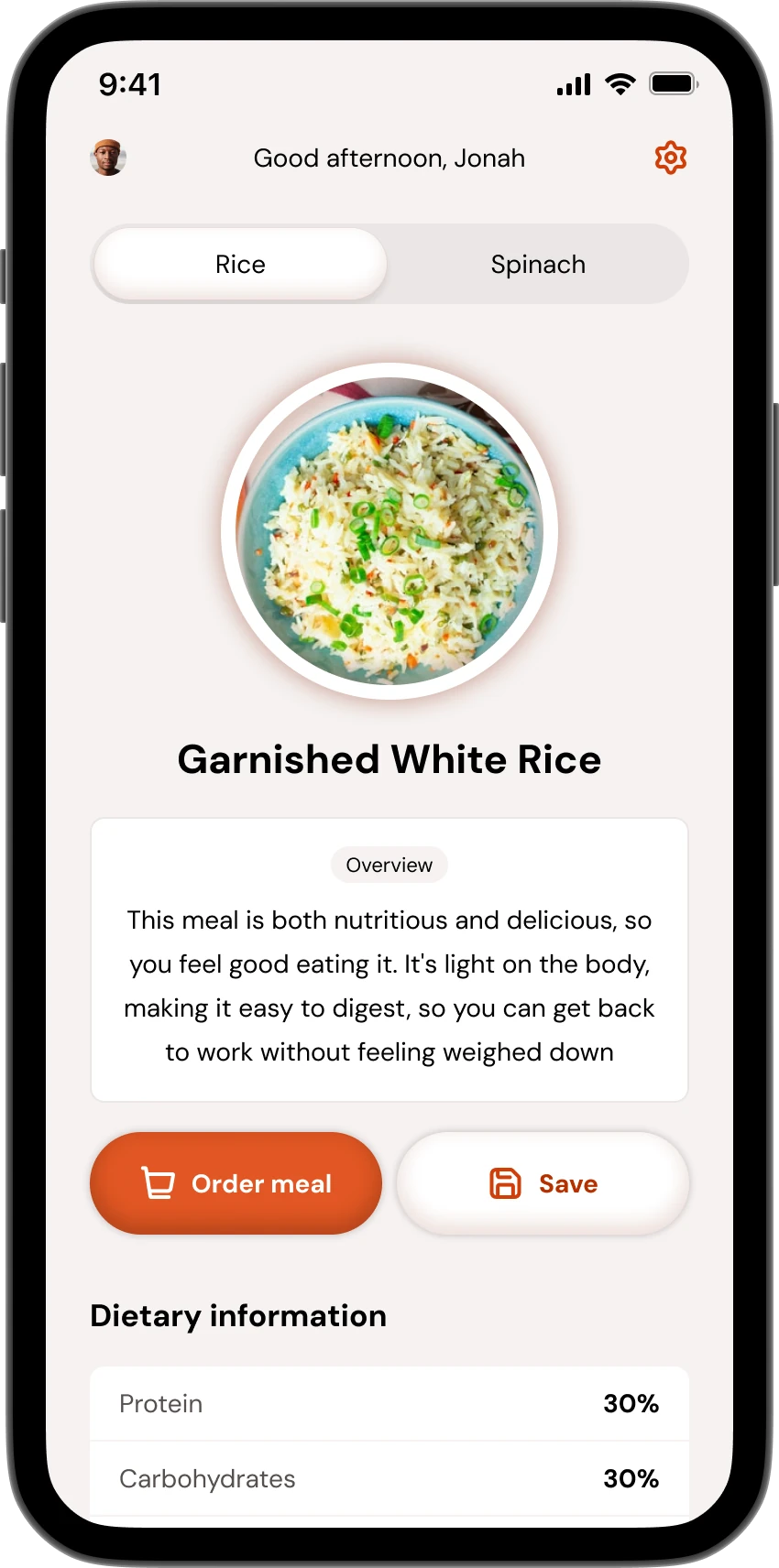 The Garnished White Rice detail screen, with an overview and a dietary breakdown